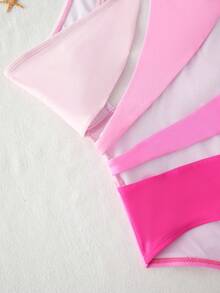 Women's Ombre Mesh Patchwork One-Piece Swimsuit, Beach Vacation Style - Pink - View 3
