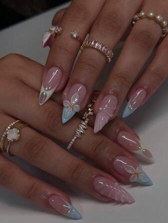 纯手工3D花朵自由式夏季指甲马卡龙色法式尖头奶油黄淡粉色淡蓝色按压指甲3D花卉指甲套装10片假指甲女士女孩日常佩戴美甲用品指甲