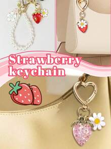 2 Pieces Strawberry & Cherry Blossom Keychain Set - Cute Floral Bag Charm Gift For Women & Girls