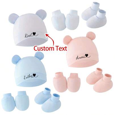 3-Piece Personalized Newborn Baby Hat & Gloves Set, Customized Baby Name Print On Beanie, Scratch Proof & Warm, Suitable For All Seasons, Ideal Gift For Baby Shower, Newborn Or Infant,Christmas Gift Supplies,Hair Accessories For Kids