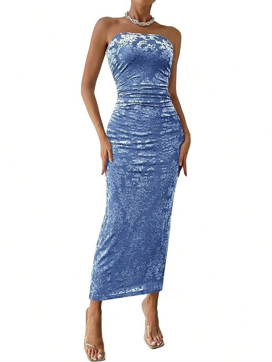 Women's Summer Maxi Tube Dress Strapless Side Slit Long Floral Bodycon Dress Elegant Party Cocktail Dresses - Blue - View 1