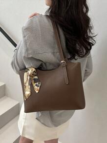 Fashionable And Simple Solid Color Letter Printed Shoulder Tote Bag With Scarf, Suitable For Shopping, Wallets, Shopping, Young Women, College Students, Newcomers, White-Collar Workers. They Are Very Suitable For Offices, Universities, Work, Business, Commuting, Outdoor Activities, Travel, And Outings