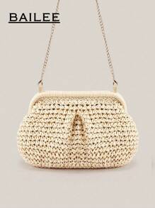 Bolso bandolera de mujer trenzado de verano con borla y cadena, bolso de playa tejido de papel con hombro, cartera hecha a mano, 1 bolso de embrague tejido de papel color beige claro para mujer, bolsas de playa, artículos esenciales de vacaciones, perfecto para vacaciones de verano, opción ideal para damas de moda