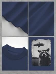 Stylish Heavy Cotton Men's TShirt 220gsm Pure Cotton With Unique Raccoon & UFO Vintage Print Perfect Gift For Fans Of SciFi & Wildlife Ideal For Casual Wear Suitable For Men Who Appreciate Unique Designs. - 藍色 - 查看 4