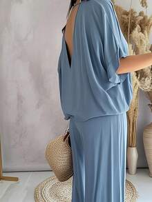 [Casual Pants Suit] Casual Solid Color Women's Pants Suit | Half Sleeve V-Neck Top And Wide Leg Pants Clothing - 藍色 - 查看 2