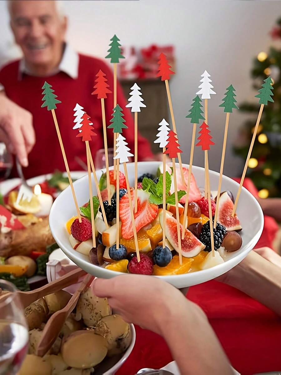 50/100/150/200 件节日圣诞树鸡尾酒签 - 竹牙签配红色和绿色顶饰，适合开胃菜、三明治、水果、甜点 - 完美的节日派对配件