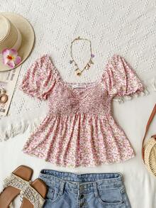 Rusttydustty 粉色碎花荷叶边短款上衣，甜美泡泡袖方领，碎花图案，适合音乐节、斋月及其他场合。 - 粉色 - 查看 6