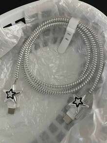 5 件套星形/心形/天使英式数据线保护套，适用于 Apple 充电器和数据线，兼容高达 20W 的 充电器，防止断裂 - 656五角星-銀-白 - 查看 3