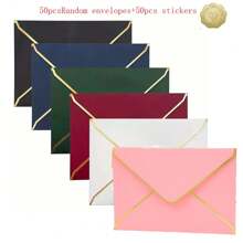 10pcs-50pcs Paper Envelopes With Thank You Stickers For Invitations With Gold Border, Gift Cards Envelopes Self Adhesive Invitation Envelopes With V-Flap, Great For Graduation, Invitation, Baby Shower, Wedding,School Supplies,Back To School