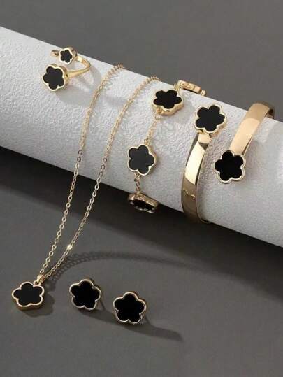 6 pièces/set Accessoire de décoration de fleur de chance de même couleur pour femme. 1 paire de boucles d'oreilles, 1 collier, 1 bracelet, 1 bracelet, 1 ensemble de bagues. Convient pour une utilisation quotidienne.