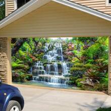 Large Retro Landscape Waterfall Garage Door Banner - Vibrant Summer Forest Scene With Waterfall, Green Trees And Flowers - Easy To Install, Ideal For Parties, Celebrations, Outdoor & Garden Decor, Polyester Material, Party Backdrop | Natural Style Decor | Easy-To-Install Decor, Waterfall Decor