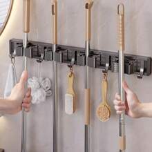 1pc Wall-Mounted Metal Broom Holder Rack With Adjustable Hooks, Suitable For Bathroom, Kitchen, Garden, Laundry Room, Garage Storage Organizer - Powder Coated Surface, Space-Saving Rack For Broom, Mop, Tools, Shelves