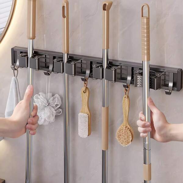 1 Stück wandmontierter Metall Besen Halter Ständer mit verstellbaren Haken, geeignet für Badezimmer, Küche, Garten, Waschküche, Garage Aufbewahrungsorganisation - pulverbeschichtete Oberfläche, platzsparender Ständer für Besen, Mopp, Werkzeuge, Regale