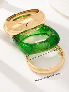 Pack Of 3 Geometric Square Shape Green Color Resin Cuff Bangle Bracelets Set , Golden Color Chunky Metal Wheels Bangles Set Women Basic Design Jewelry Suitable For Daily Outfit - Multicolor - View 3