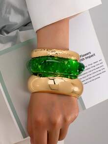 Pack Of 3 Geometric Square Shape Green Color Resin Cuff Bangle Bracelets Set , Golden Color Chunky Metal Wheels Bangles Set Women Basic Design Jewelry Suitable For Daily Outfit - Multicolor - View 1