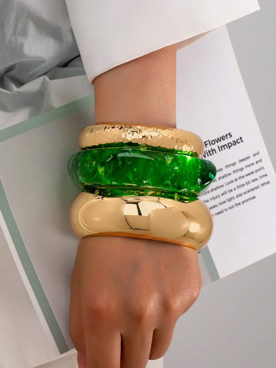 Pack Of 3 Geometric Square Shape Green Color Resin Cuff Bangle Bracelets Set , Golden Color Chunky Metal Wheels Bangles Set Women Basic Design Jewelry Suitable For Daily Outfit - Multicolor - View 1