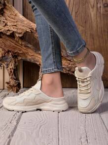 1 Pair Teens' Half-Heel Chunky Sneakers, Breathable Mesh Upper, Non-Slip Sole, Lace-Up Contrasting Color Design, Stylish & Versatile Casual Sneaker