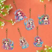 6 piezas Kits de pintura de diamante 5D para llaveros DIY, belleza de dibujos animados, llavero de arte de diamante con patrón de sirena, llavero de mosaico hecho a mano apto para principiantes