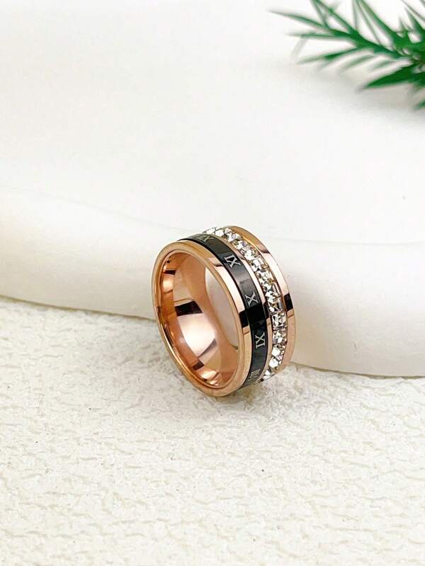 1 Stück luxuriöser Nischentitel Römisch Ziffern Doppelkreis Titan Stahl Mikro-Intarsien Zirkonia Ring, Streetwear Stil, Valentinstags Geschenk für Frauen