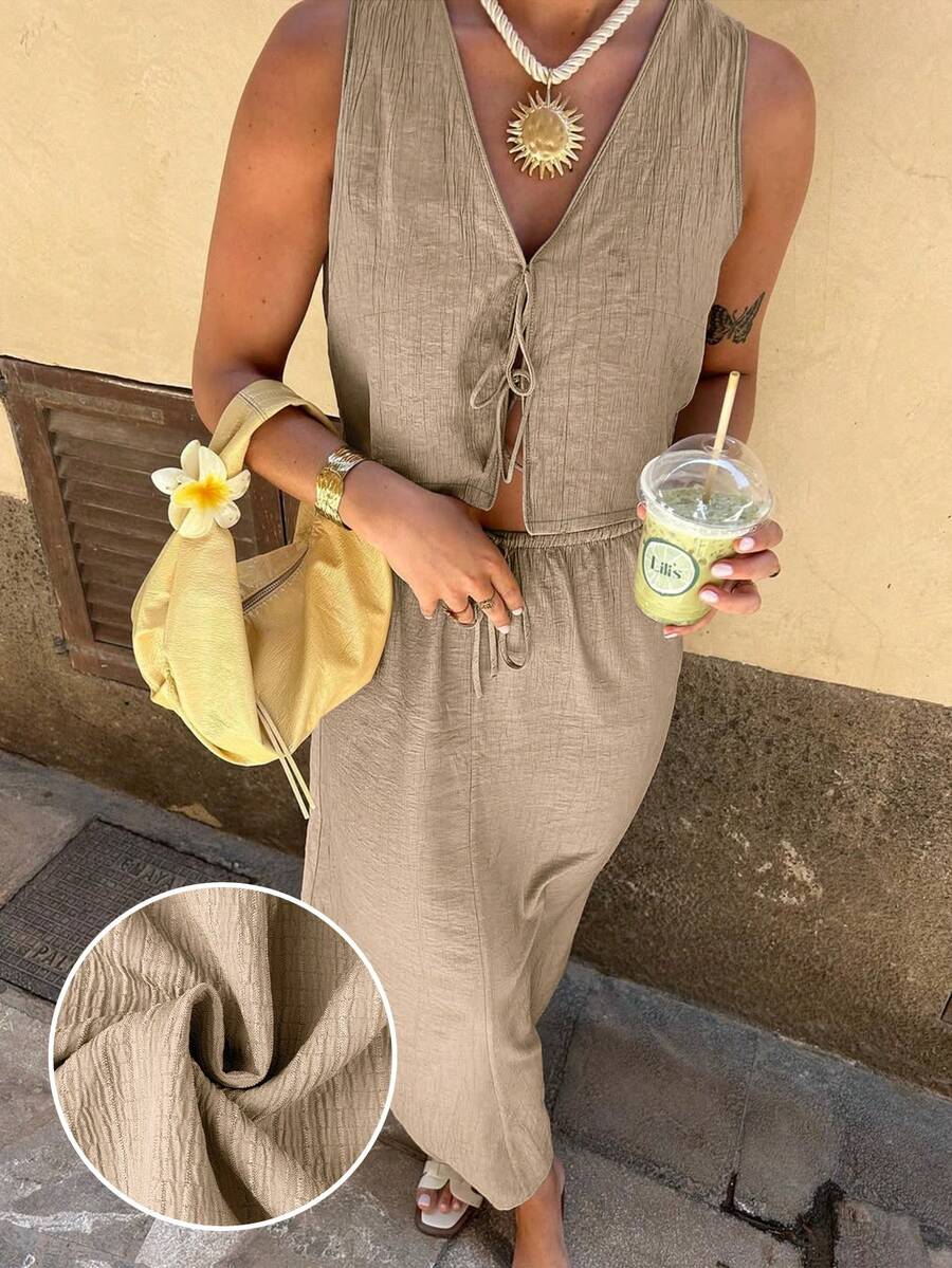 Conjunto de talla grande de unicolor simple con lazo, para verano - Caqui - Ver 1