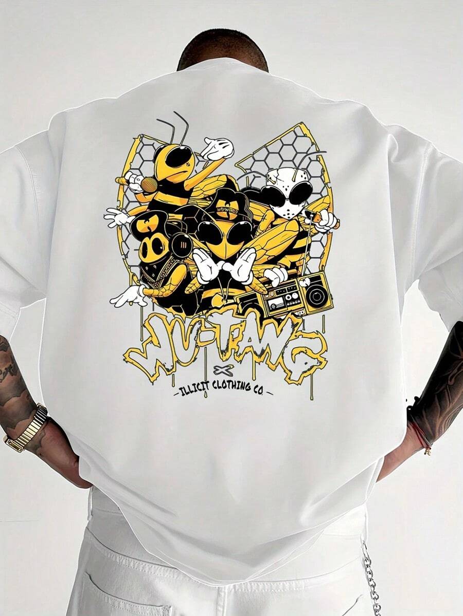 Men'S Casual "WUTANG" Graphic Tee - Loose-Fitting, Short Sleeve, Round Neck, Bees & Skull Design, Summer Outdoor Wear, Casual Outdoor Wear | Relaxed Fit Tee | Durable Fabric,Vintage Shirts Graphic Tees Men Camisas Para Hombre Funny Shirts Fathers Dad Gift, 4th Of July Matching Outfits - 白色 - 查看 1