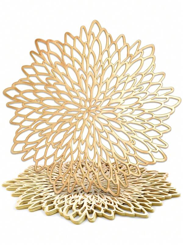 12pcs Gold Flower 15-Inch Round Placemats, PVC, 3.94-Inch Round Hollow Flower Coasters, Washable, Easy Clean, Wipe-Clean, Non-Slip, Heat-Resistant, Suitable For Room Decor, Dining Table Decor, Home Decor, Holidays, Parties, Birthdays, Weddings And Dinners