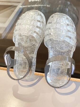 闪光儿童果冻平底公主凉鞋，女童户外休闲一脚蹬透气配色沙滩鞋，夏季