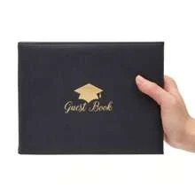 Blue Panda Leather Graduation Sign In Guest Book For College, High School, Class Of 2025 Grad Party, Black With Gold Foil, 8 X 7 In Summer Birthday Gifts Wedding Beach Back To School School Supplies Room Decor