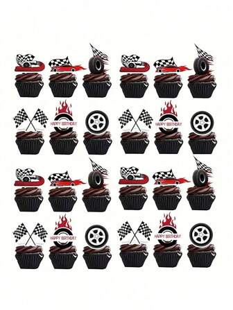 24 件赛车主题纸杯蛋糕装饰热车纸杯蛋糕装饰，派对装饰生日婚礼父亲节用品，适合节日庆典