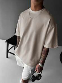 Men's Solid Color Round Neck Casual Short Sleeve T-Shirt For Commuting, Summer - 卡其色 - 查看 2