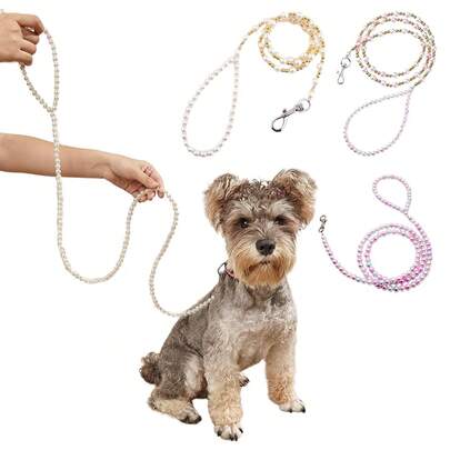 Pearls Beaded Pet Dog Leash For Training Walking Lead,Glamorous Pearl Dog Cat Chain,Premium Metal Clasp Ensures A Secure Connection To Your Pet's Harness,Stylish & Durable Accessory For Your Pet,Exquisitely Pink And White Pearls,Merges Elegance With Functionality, Perfect For Fashion-Forward Pet Owners