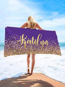 1pc Personalized Text Customized Glitter Beach Towel, Super Absorbent Swimming Towel, Comfortable Beach Towel, Pool Towel, Exquisite Yoga Mat, Beach Accessory, Holiday Essential Gift For Anniversaries, For Valentine's Day, For Mother's Day, For Birthdays, For Children's Day, For Father's Day, For Graduation, For Weddings, For Housewarming Bathroom, Living Room, Bedroom, Home Summer Bathroom Decor Travel Essentials Travel Accessories Beach Essentials,Dorm Essentials,Customized Beach Towels,Halloween Edit