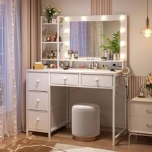 EnHomee Vanity Desk With Mirror And Lights,37 Inch Make Up Vanity With Power Outlets,Makeup Desk With 5 Fabric Drawers,3 Lighting Modes,Dressing Table For Bedroom,White - Xem 7