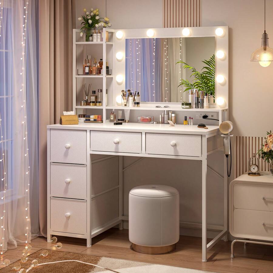 EnHomee Vanity Desk With Mirror And Lights, 3 Color Modes With Adjustable Brightness, 5 Spacious Fabric Drawers & Open Storage Shelves, Make Up Vanity With Power Outlets Dressing Table For Bedroom,White - 美規A型插(110-127V) - 查看 1
