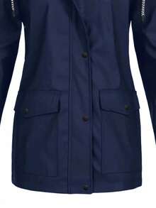 Jacket With Striped Lining And Zipper, Casual Long-Sleeved Hooded Jacket With Drawstring For Autumn And Winter, Women's Clothing, Women's Outdoor Windproof Hooded Jacket With Striped Lining, Button And Adjustable Drawstring Closure For Autumn/Winter, Windbreaker Jacket, Durable Outdoor Clothing - 藏蓝色 - 查看 7