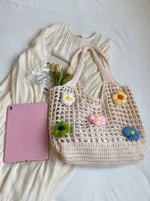 Hollow Floral Knit Bag, Oversized Casual Vacation Tote Bag, Large Capacity Woven Women's Commuter Beach Bag, Fashion Shoulder Shopping Handbag