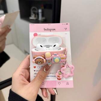 1pc Cute Cartoon Music Bear Pink Soft Shockproof Case + Guitar Star Keychain / 1pc Beige Cute Bear Star Shockproof Earphone Case + Star Bell Pendant Bluetooth Earphone Case Compatible With Apple 1st/2nd/3rd/Pro/Pro 2nd Generation, Creative Design