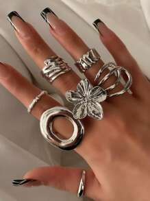 Set de 12/7 piezas de anillos de joyería gruesos y geométricos de estilo vintage con flores de metal simple, adecuados para vacaciones, playa, citas, uso casual diario y fiestas