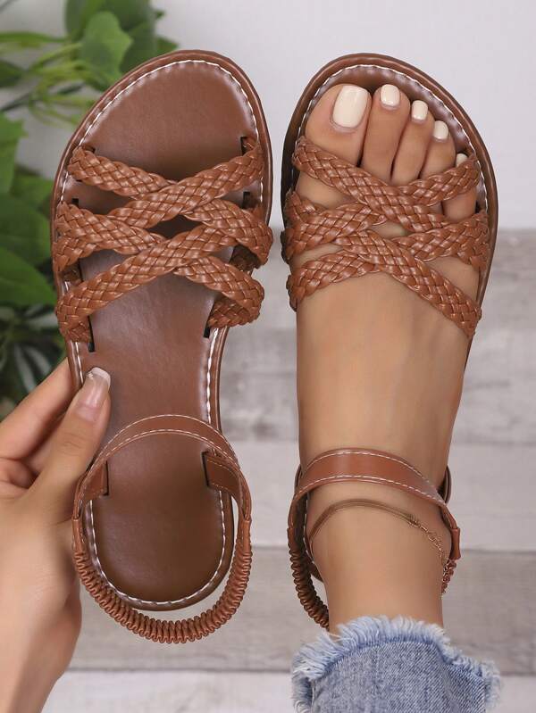 New 2025 Summer Coffee Brown Woven Leather Lace-Up Flat Sandals With Buckle, Suitable For Women; Women's Ankle Tie Flat Sandals, Black Mule, Elegant Faux Suede Casual Shoes; Summer Open Toe Slides, Lace-Up Sandals, Slippers