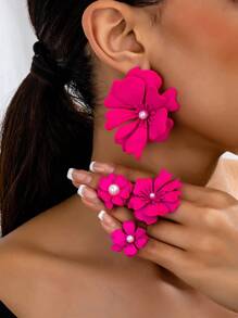 1 Set de 4 pares de aretes colgantes vintage exagerados con decoración de perlas falsas y diseños florales y geométricos irregulares para mujeres