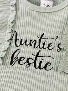 Baby Boys And Girls Summer Outfit Auntie Is The Best Friend Short Sleeve Ribbed Romper, Floral Shorts Clothing Set, Suitable For Outdoor