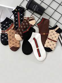 8 Pairs Women's Short Socks, Multicolor Letter & Stripe Pattern, French Luxury Retro Style, Versatile Ladies Socks