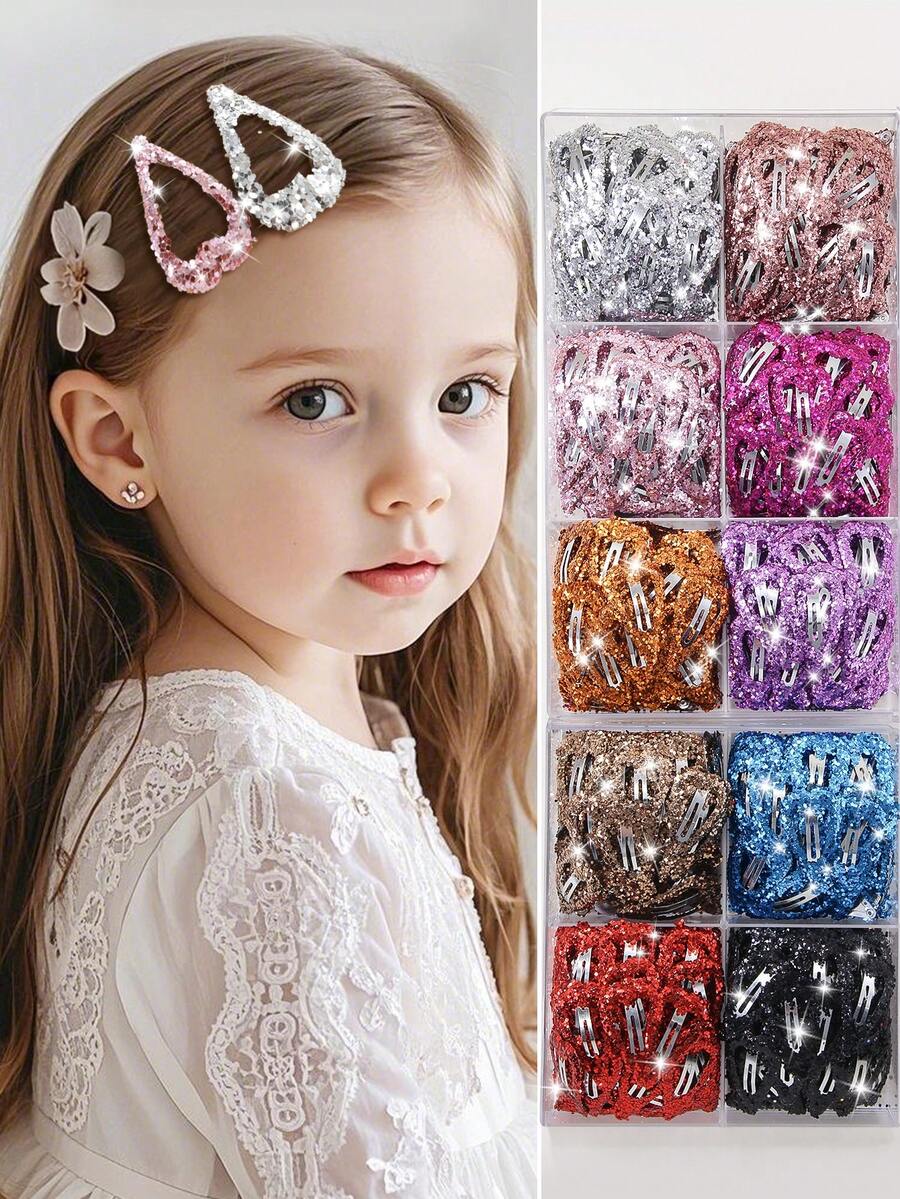 30 件/套彩色闪光心形按扣发夹，适合女婴的闪亮发夹，时尚公主发饰，适合日常使用