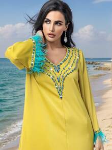 5089 Mustard V-Neck Abaya, Jewel Embellished Neckline & Feather Cuff, Embroidered Party Dress For Eid, Modest - Yellow - View 8