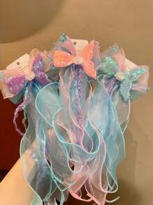 1pc Women's Ombre Glitter Hair Clip, Mermaid Princess Style Chiffon Bowknot Streamer Barrette Without Card