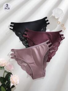 3pcs/Set Solid Color Lace Patchwork Hollow Out Spaghetti Strap Sexy & Romantic Ladies Underwear - Multicolor - View 3