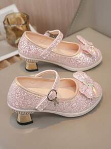Girls Fashion High Heel Leather Shoes, Bling Glitter Princess Shoes For Kids, Suitable For Spring & Autumn