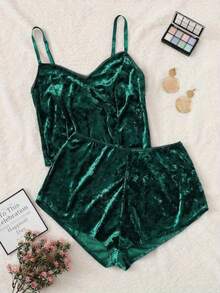 Womens Sexy Velvet Camisole Shorts Set Cute Bow Spaghetti Strap Solid Color Sleeveless Slim Sling Crop Top PJ Set With Shorts Lingerie Set Sleepwear Nightwear - 綠色 - 查看 4