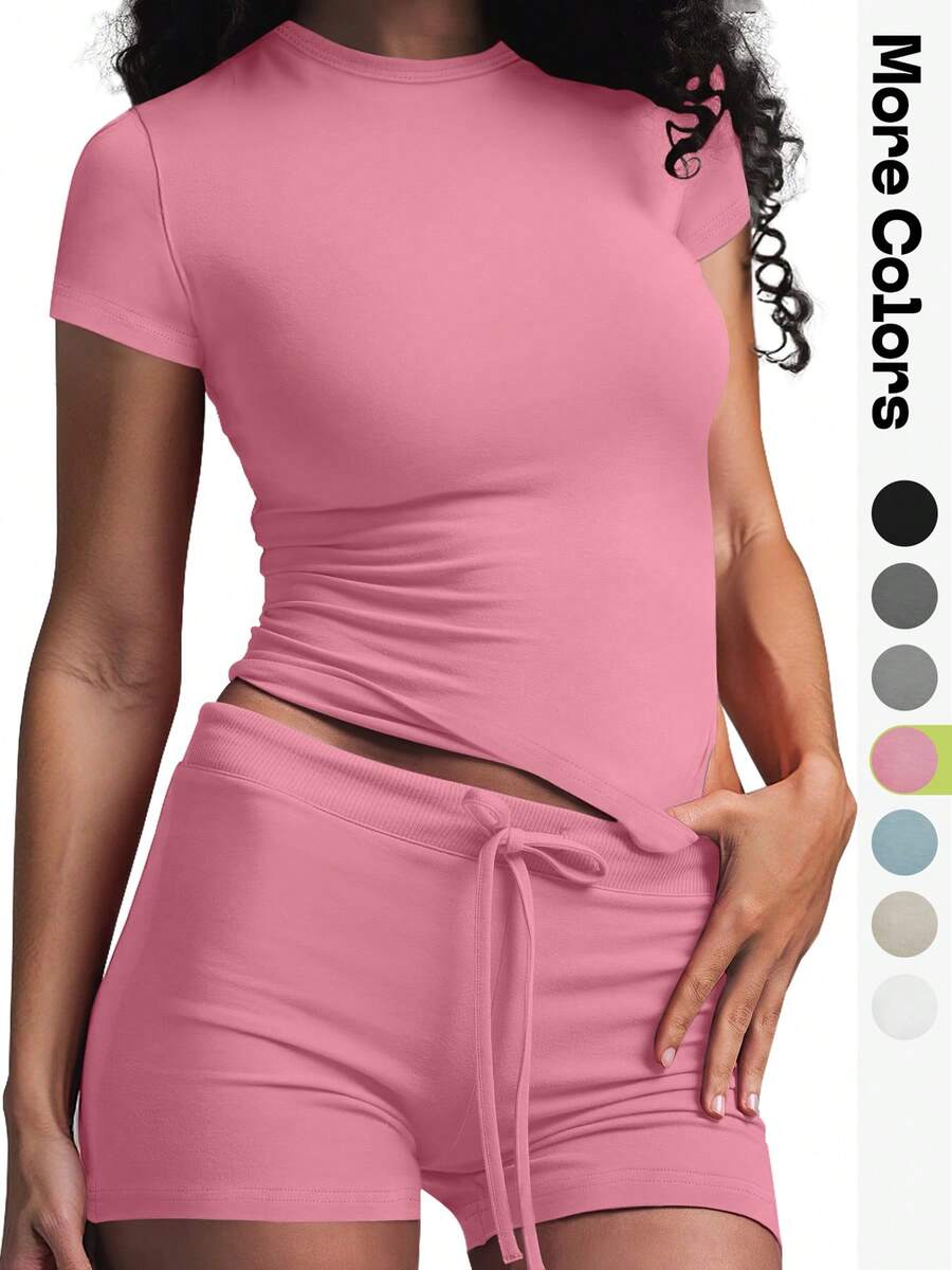 Women's Sleepwear Set, Two-Piece Short-Sleeve Top + Shorts, Fitted Short-Sleeve T-Shirt, Drawstring Shorts, Modal Fabric, Available In 6 Colors, Skin-Friendly And Breathable Pajamas, Casual, Home, And Sportswear, Suitable For Multiple Occasions. - 粉色 - 查看 1
