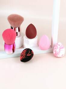 Juego de 3 piezas de herramientas de maquillaje, que incluye esponjas y pinceles de maquillaje con mango corto multifuncional para la cara, pincel para polvo, pincel para rubor, borla de maquillaje, pincel de maquillaje con mango revestido, adecuado para maquillaje facial, uso en seco y húmedo de la esponja de maquillaje, esponja de maquillaje libre de látex, para tocador, herramientas de belleza.
